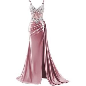 Beaded Mermaid Prom Dress Long Formal Gown Side Slit Lace Appliqué NEW